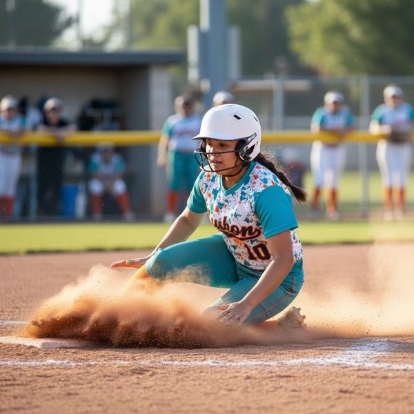 A young female softball player in a white and teal custom uniform slides into a base, kicking up a cloud of dust on the field.