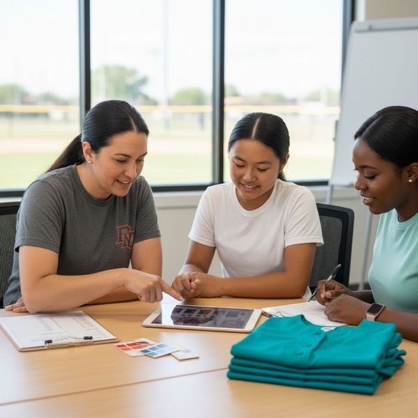 A coach and two young female athletes sit at a table looking at design options for custom uniforms on a tablet. A stack of folded teal jerseys is on the table, along with color swatches and paperwork.