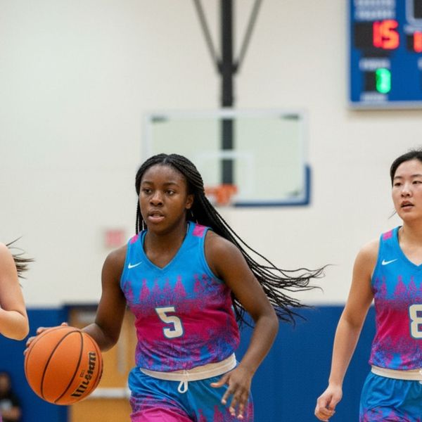 A young female basketball player dribbles the ball down the court, wearing a vibrant pink and blue patterned jersey with the number 5. Another player follows behind her.