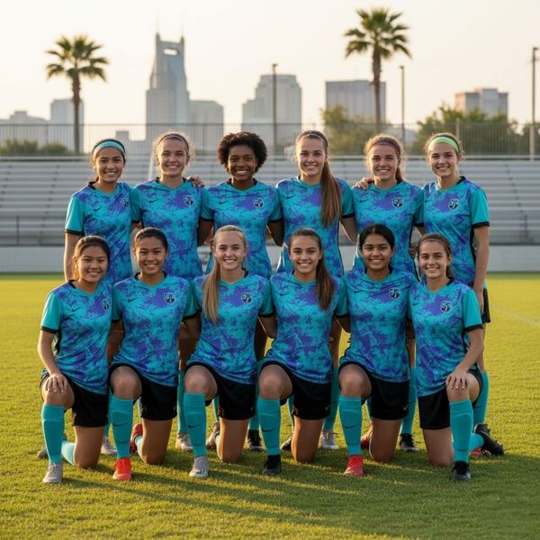 A diverse group of female soccer players kneel and stand together on a green field. They are all wearing matching teal and purple abstract-patterned jerseys with black shorts.