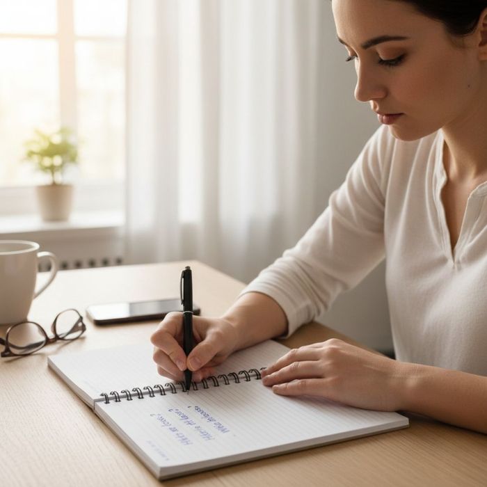 A woman in a white shirt writes notes in a spiral notebook while sitting at a desk with a warm drink.