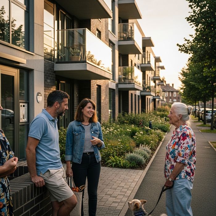 neighbors standing outside of apartment complex talking