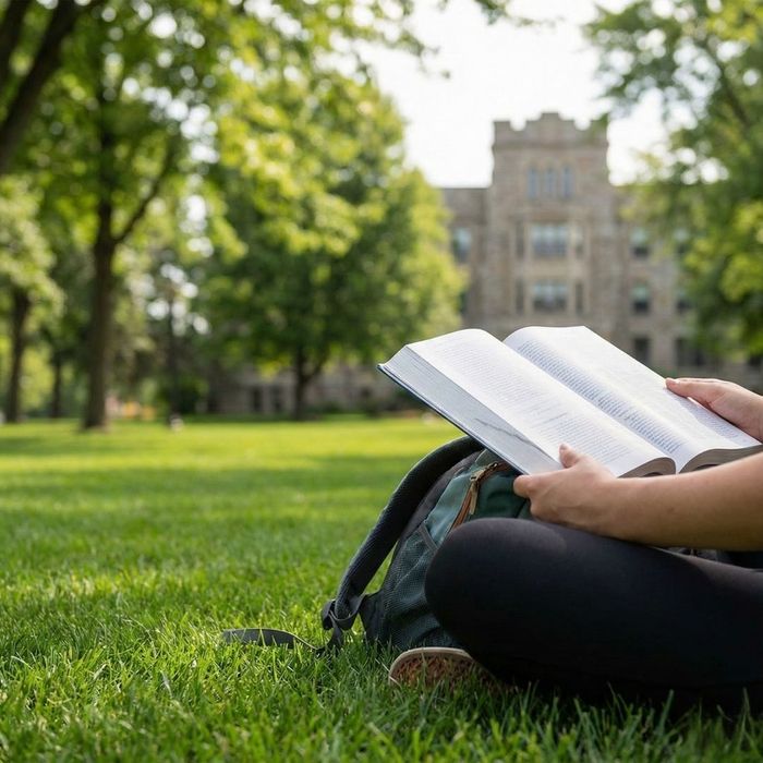A student sits on a vibrant green lawn reading a large book with a historic, castle-like academic building visible in the soft-focus background.