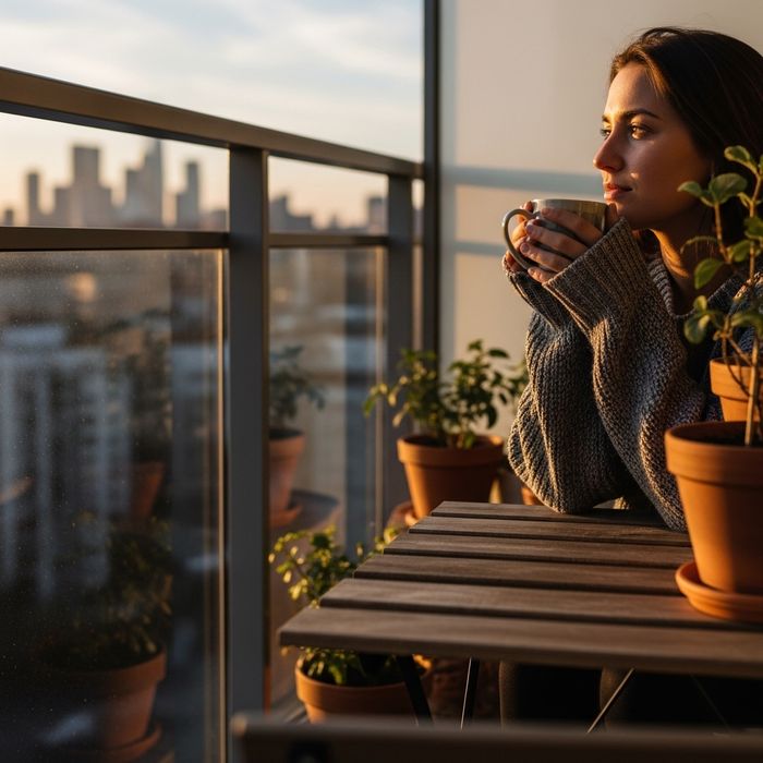 closeup of a person sitting on their private apartment balcony
