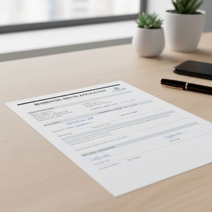 A close-up shot of an apartment application or lease agreement placed on a clean wooden desk.