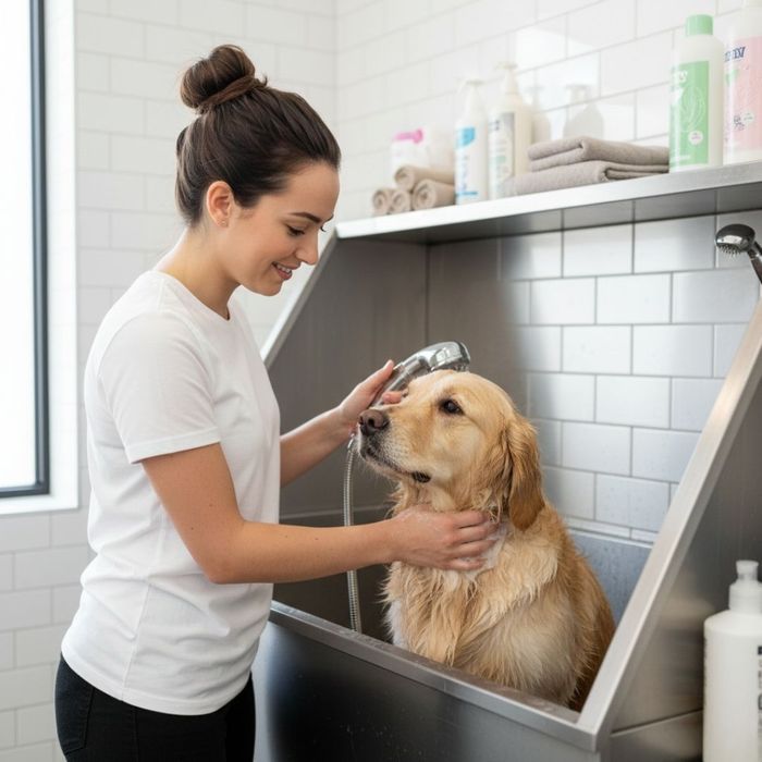 A woman is cheerfully bathing a Golden Retriever dog in a stainless steel pet washing station.