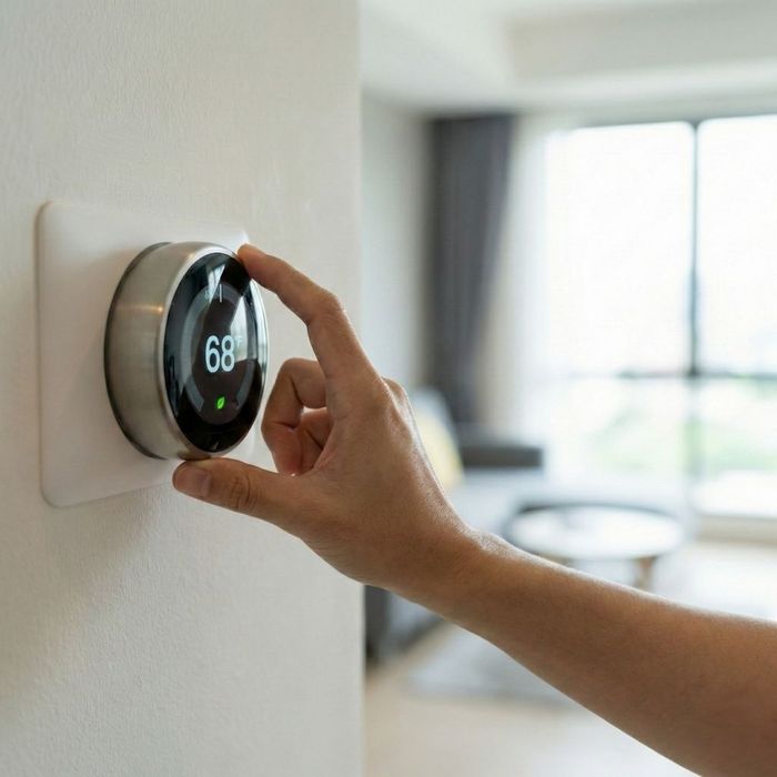 A close-up of a hand adjusting a sleek, round smart thermostat mounted on a white wall, with the digital display set to 68 degrees Fahrenheit.