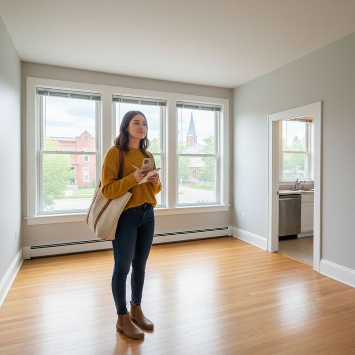 A young woman stands in an empty, bright apartment unit holding a folder and keys.