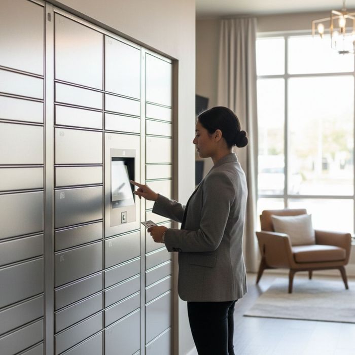 A person is interacting with a secure, automated package locker system in a contemporary lobby.