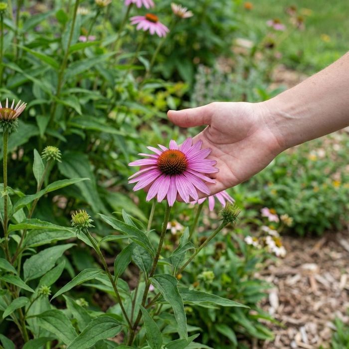 A hand gently reaches out to touch a bright purple coneflower growing in a lush, green sustainable garden.