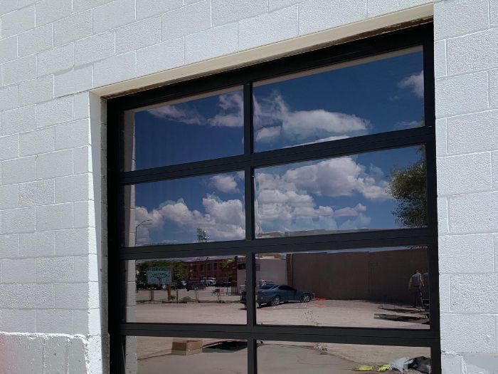 Glass garage door. 