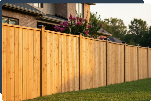 a wooden fence in a residential neighborhood