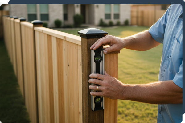 a contractor testing to see if a newly installed fence is level