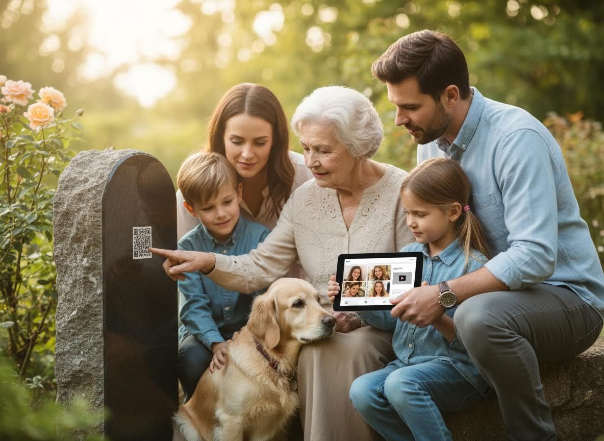 Multi-generational family uses QR code on memorial stone to view digital memories
