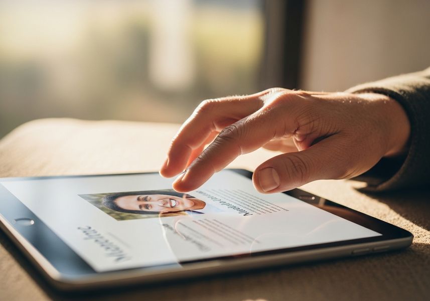 Close-up of a hand interacting with a tablet displaying a person's profile, suggesting digital interaction, accessibility, and browsing. Hand touching a tablet screen