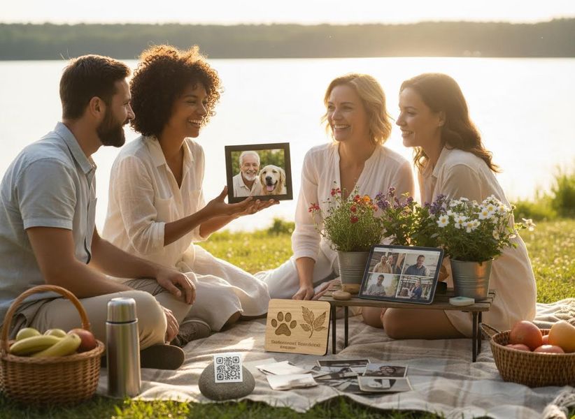 Friends remembering loved ones during a lakeside picnic