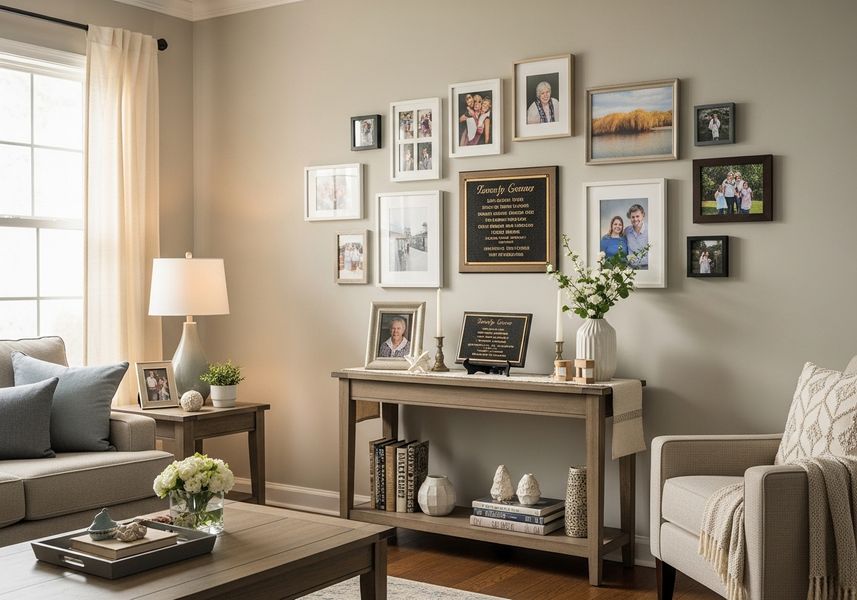A cozy living room features a gallery wall with family photos, a neutral color palette, and comfortable furnishings. The gallery wall is a mix of framed portraits, landscape scenes, and personalized plaques, creating a warm and inviting atmosphere. A light gray console table displays candles, a vase of white flowers, and decorative objects, while books are neatly stacked on the lower shelf. A plush armchair with a textured throw and a linen sofa with blue throw pillows offer comfortable seating options, completing the welcoming and stylish living space. Living room with gallery wall and neutral decor