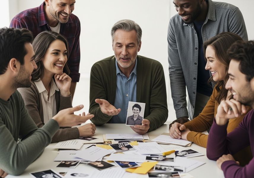 A diverse group of people gathers around a table covered with photos and documents, intently listening to a man holding up a black and white portrait of a woman. Group Discussing Old Photo