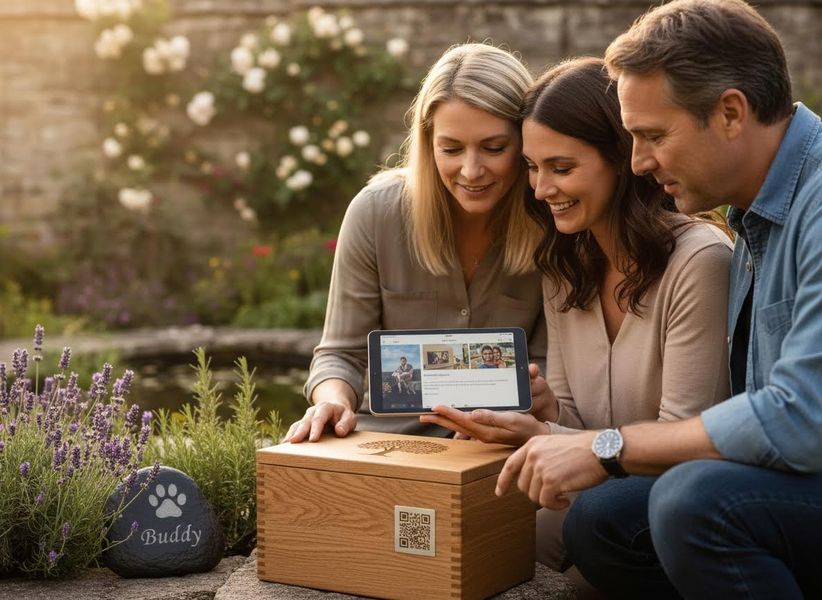 Family shares memories of pet 'Buddy' with a digital memorial and urn in a garden