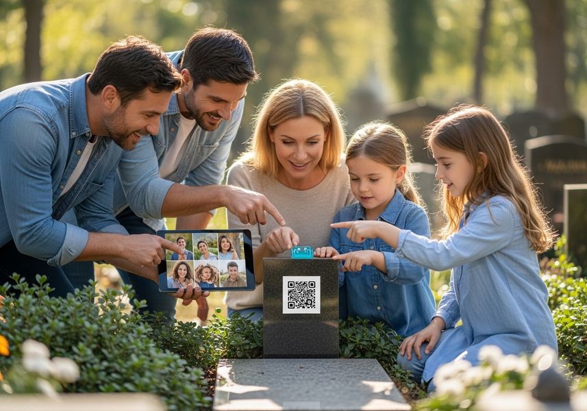 A group of two men, a woman, and two young girls gather around a memorial stone in a cemetery. One man holds a tablet displaying a video call with multiple participants. Everyone points toward the stone, which is adorned with a QR code. The scene suggests a blend of modern technology with traditional remembrance, showing how families can connect and share memories remotely, even at memorial sites. Family Connecting at Memorial with QR Code