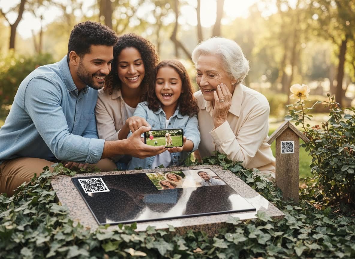 Family viewing digital memories at a memorial