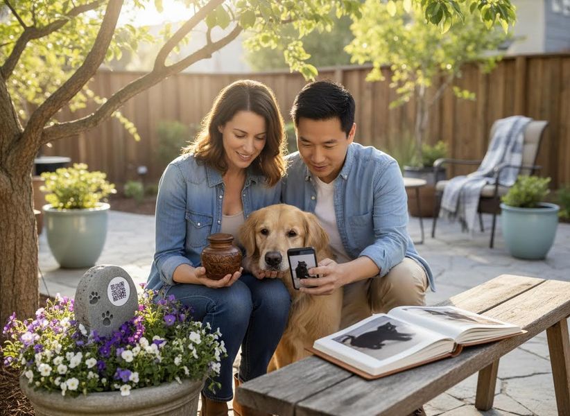 Couple and golden retriever with pet memorial items