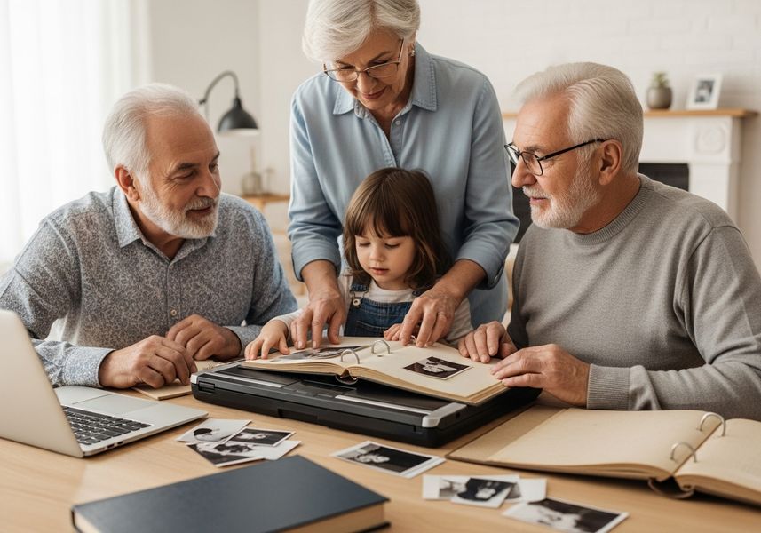 A little girl sits at a table with her grandparents, looking through a photo album with black and white photos. A laptop and scanner are on the table next to the album, and the grandparents point to the photos with smiles on their faces. Family Looking at Photo Album