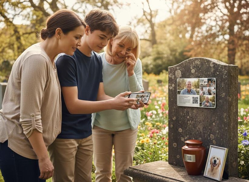 Family viewing digital memorial at gravesite
