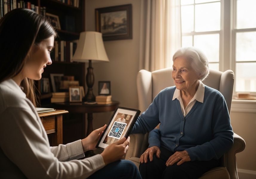 A heartwarming scene of a young woman showing an older woman a framed photo on a tablet with a QR code, capturing a moment of intergenerational connection facilitated by technology, set in a cozy, well-lit living room. Grandmother and Granddaughter Connecting Through Technology