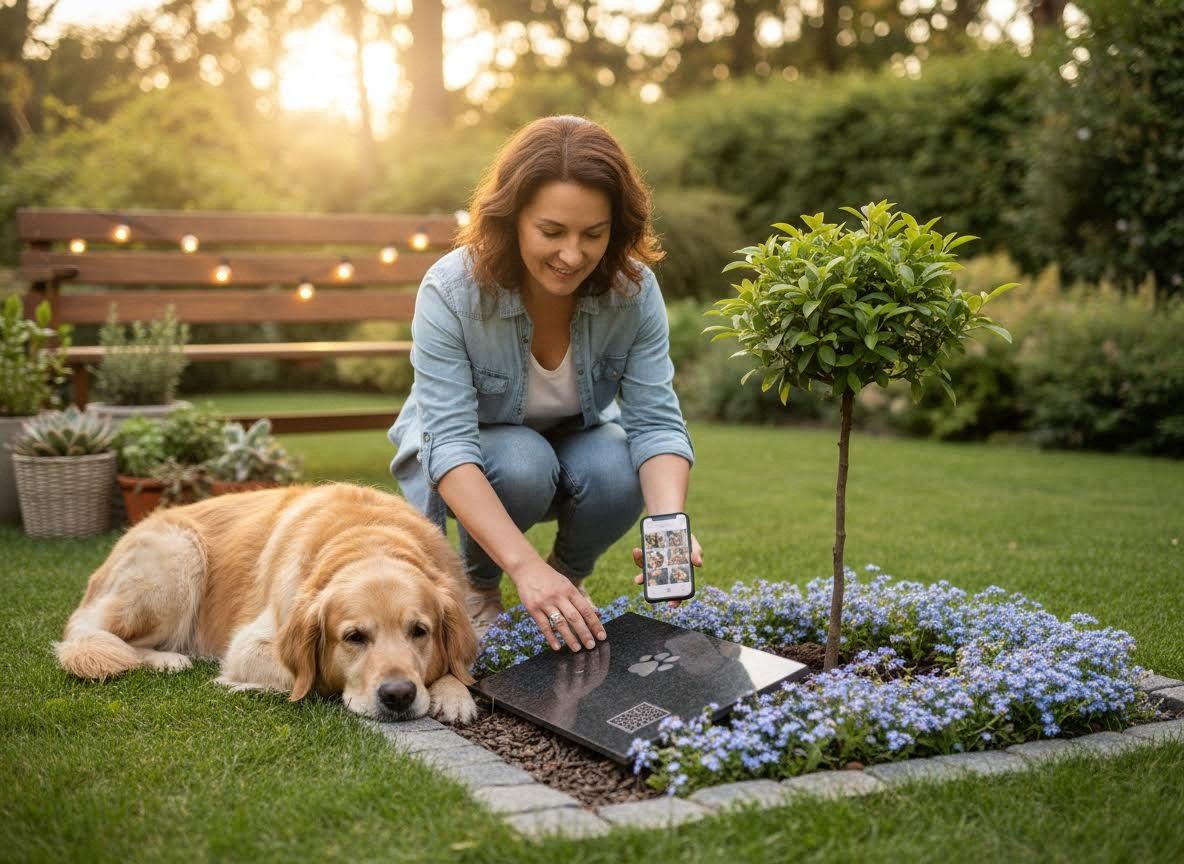 Woman and Golden Retriever by Pet Memorial Stone in Garden
