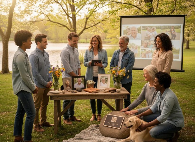 Family and friends gather for an outdoor memorial or celebration of life with photos and projector