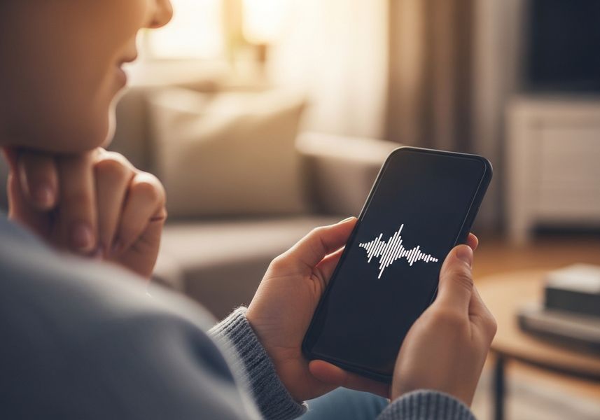 A person is holding a smartphone, using a voice recognition application as indicated by the sound wave on the screen. The scene is set indoors with soft lighting, suggesting a relaxed environment. This highlights the convenience of voice technology in daily life. Person Using Voice Recognition App on Smartphone