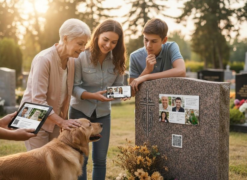 Family and dog viewing digital memorials at a gravesite