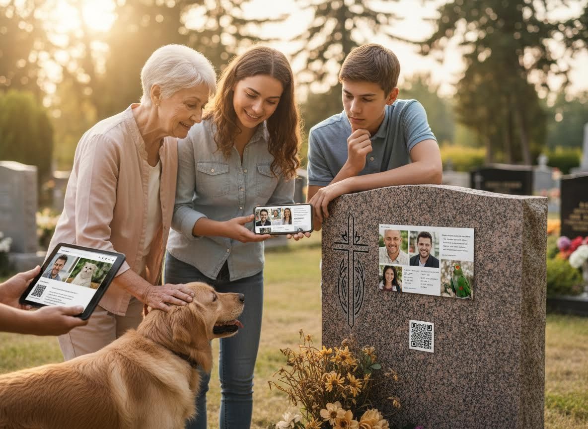 Family and dog viewing digital memorials at a gravesite