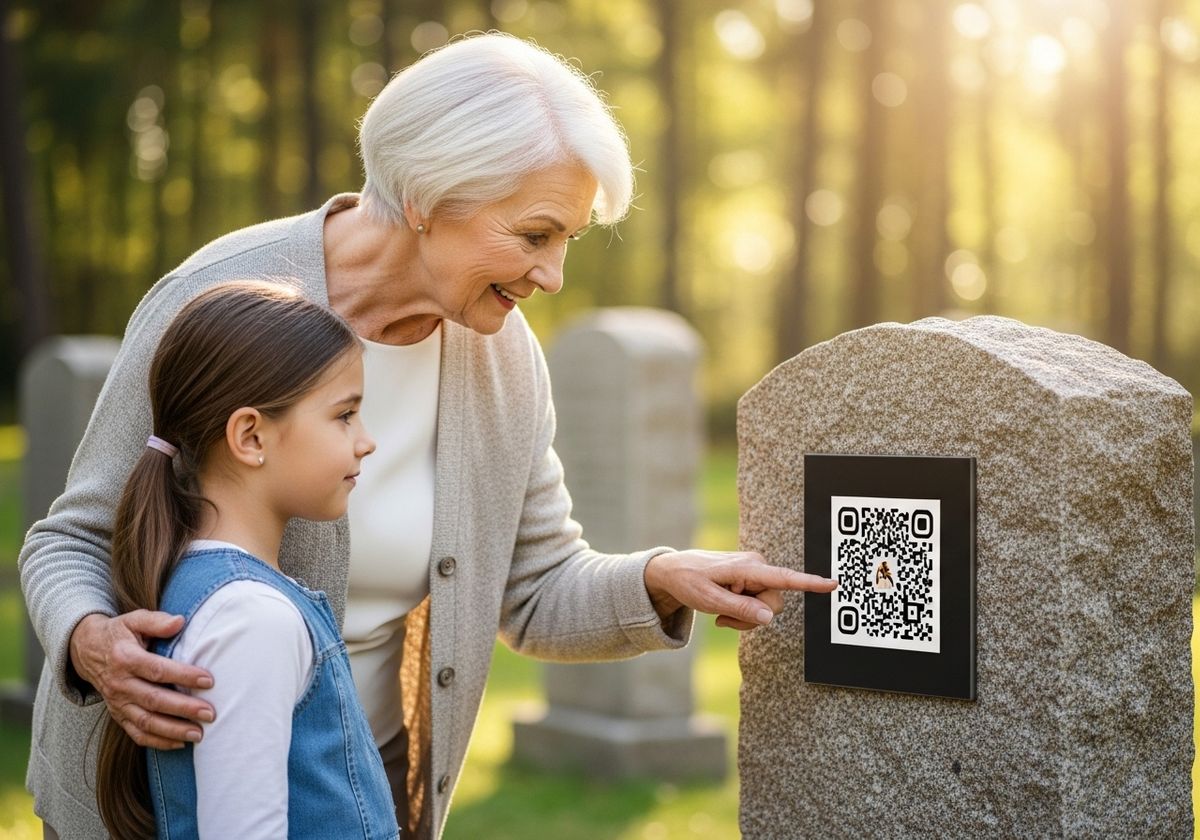 Grandmother and Granddaughter Visiting Cemetery with QR Code on Gravestone
