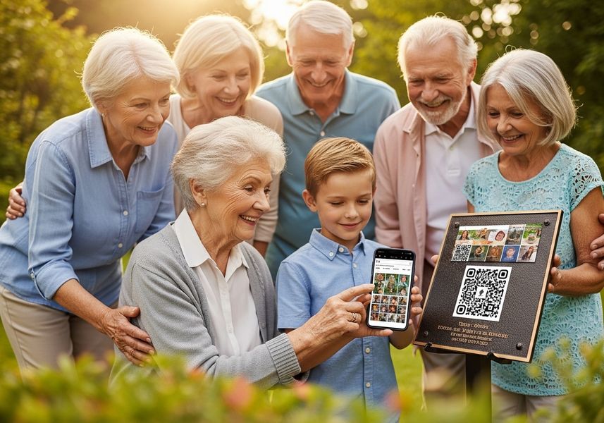 Family gathers around memorial plaque