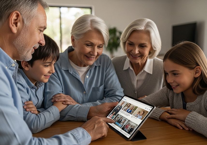 A multigenerational family is gathered around a wooden table, looking at photos on a tablet. The family includes grandparents, a father, and two children, a boy and a girl. They are all smiling and appear to be enjoying looking at the images together. Family looking at photos on a tablet
