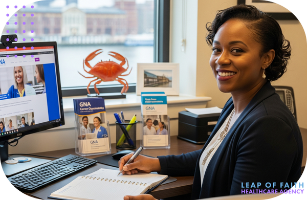 A trustworthy and compassionate GNA recruiter in a Baltimore office, smiling warmly and ready to help candidates find their next position. A trustworthy and compassionate GNA recruiter in a Baltimore office, smiling warmly and ready to help candidates find their next position.