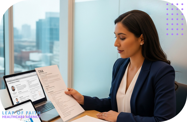 A professional healthcare recruiter at a medical staffing agency reviews a GNA's resume in a bright, modern office.