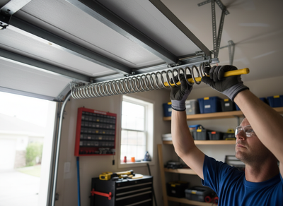 Man adjusting garage door spring