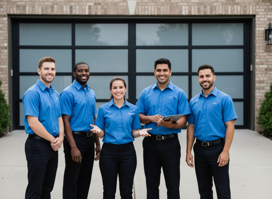 Five diverse service professionals in blue uniforms smiling in front of a modern garage door. One holds a tablet. Professional Service Team in Blue Uniforms