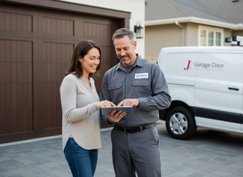 Garage Door Technician and Customer Reviewing Tablet