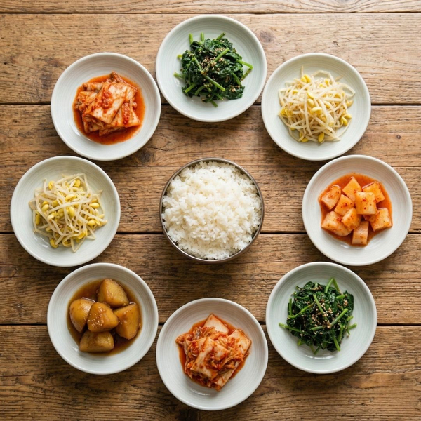 A top-down view of a variety of colorful Korean banchan side dishes surrounding a bowl of rice