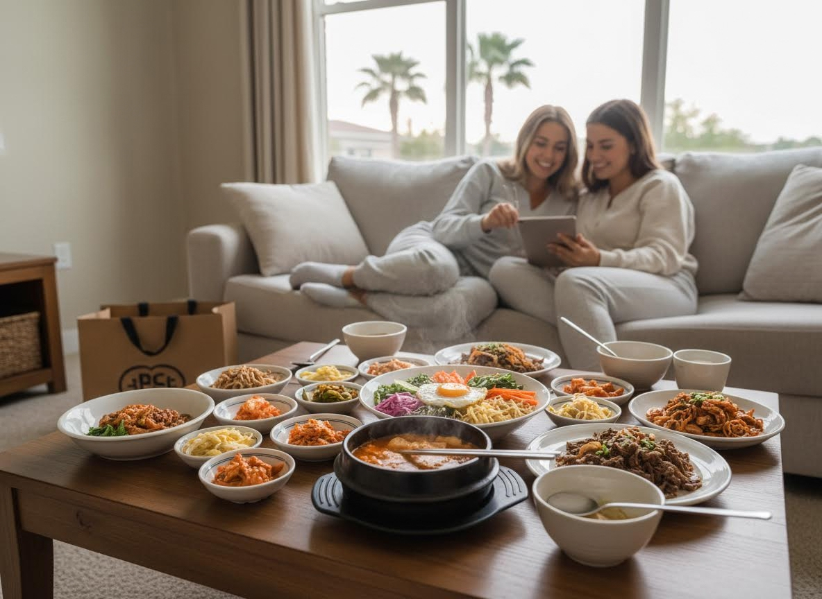 Two women enjoying a large Korean takeout meal on a coffee table