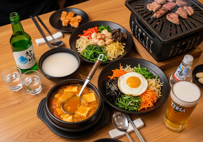 A wooden table laden with a variety of Korean dishes, including a sizzling grill with beef, bibimbap topped with a fried egg, spicy tofu stew, japchae noodles, grilled meat, a bottle of soju, makgeolli, beer, and various side dishes, inviting a shared dining experience. Korean BBQ Feast