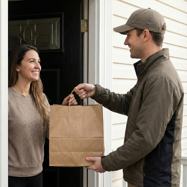 delivery man in a cap and jacket handing a brown paper bag to a smiling woman standing at the open front door