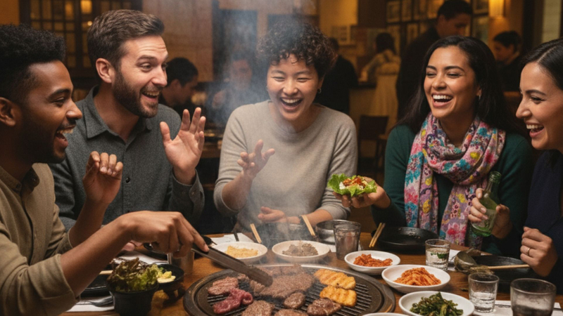 friends laughing and grilling meat at a Korean BBQ restaurant table