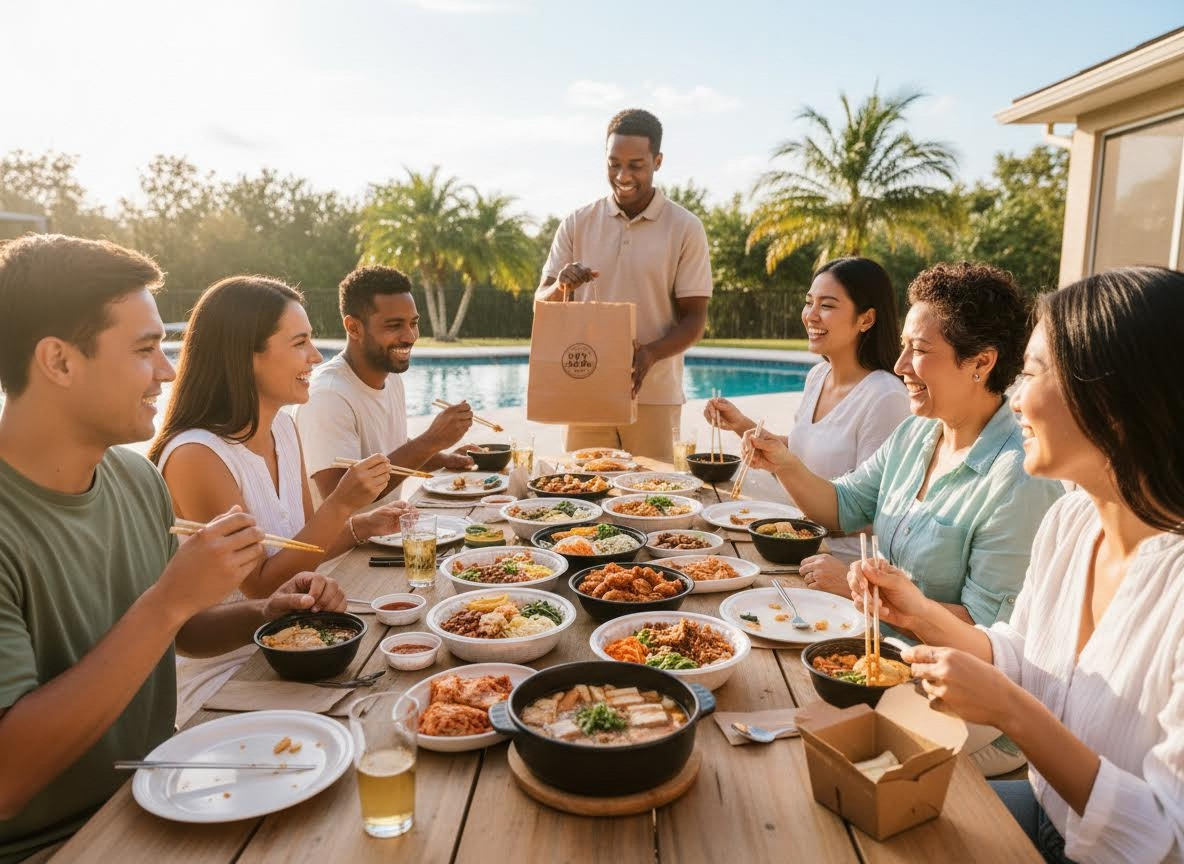 Friends Enjoying Outdoor Takeout Meal by Pool