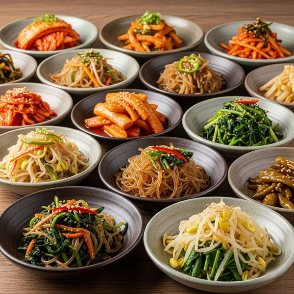 colorful and diverse assortment of Korean banchan side dishes