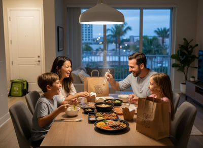 A joyful family of four, including two parents and two children, laughing and eating a variety of takeout dishes at their dining table in the evening. Happy Family Enjoying Takeout Dinner at Home